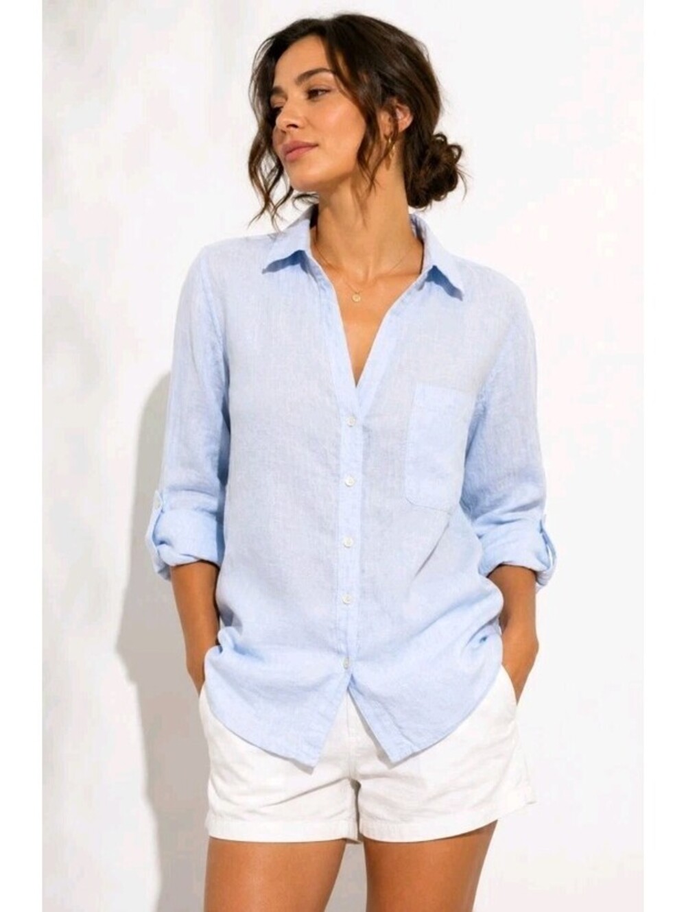 Sigrid Olsen 100% Linen Blue Tunic Women’s Size L Roll Tab Button Up Shirt #CC